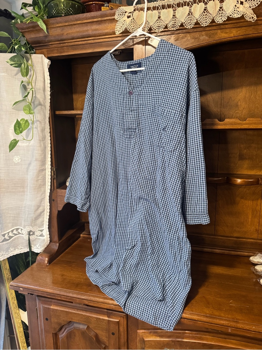 Nautica Blue and White Gingham Sleepwear Button Top